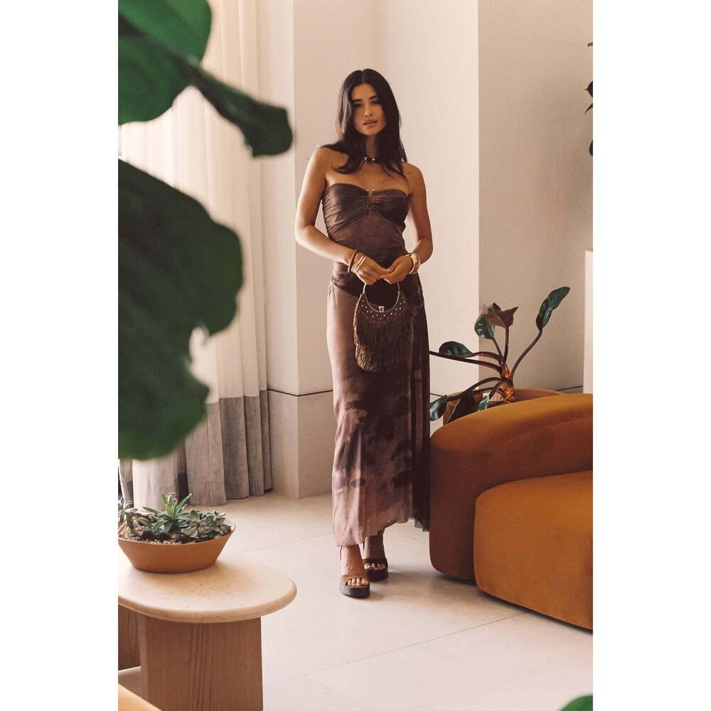 12th Tribe Strapless Brown Midi Dress with Thigh Slit NWT - Picture 3 of 6